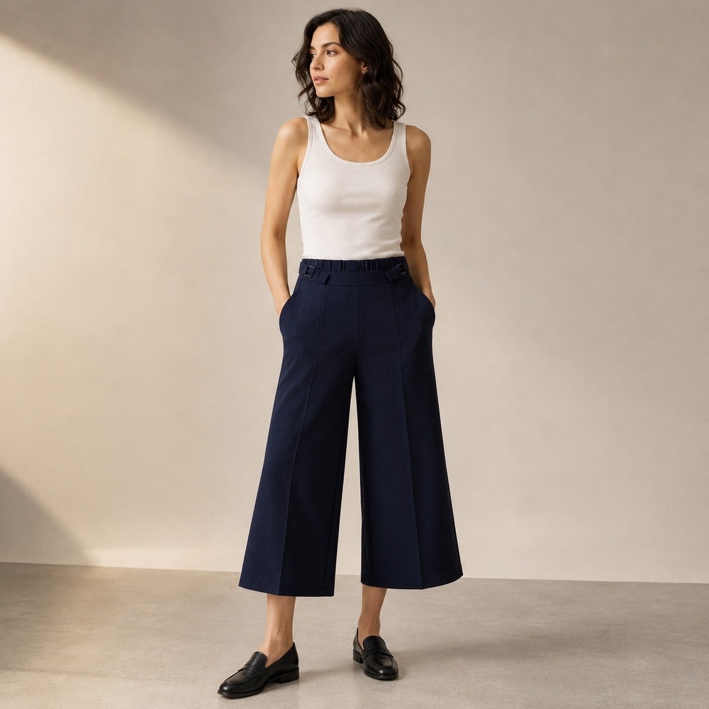 C&A Womens Navy Blue Wide Leg Culottes Cropped Trousers Side Buckle EUR 42 FR 44